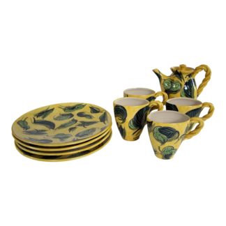 1990s Vintage Handthrown Ceramic Leaf Motif Tea Set - 9 Pieces
